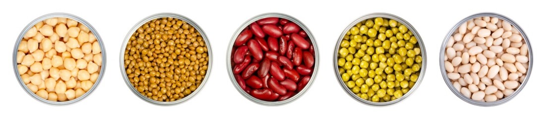 Canned legumes, in open tin cans. From left to right chickpeas, brown lentils, red kidney beans, green peas, and white beans. Boiled and preserved pod fruits, staple food, isolated, from above. Photo