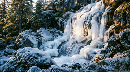 Winter waterfall flowing through icy rocks and frozen icicles in a sunlit forest landscape