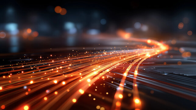 Bright orange glowing lines forming abstract technology background, fiber optic visualization, energy flow pattern, digital network pathways, warm cyber aesthetic, dynamic linear d