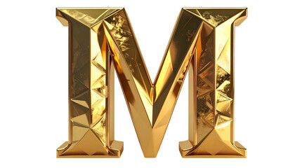 A dazzling capital letter "M" rendered in a polished, gold-toned aesthetic. Geometric facets create highlights and shadows