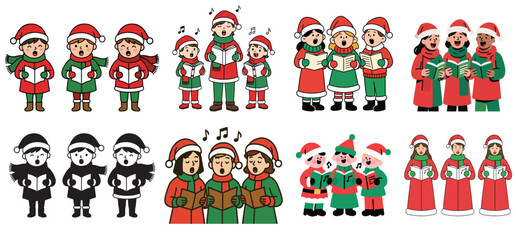 Set of cute Christmas carolers singing in groups, cartoon characters in Santa hats, vector illustration۔