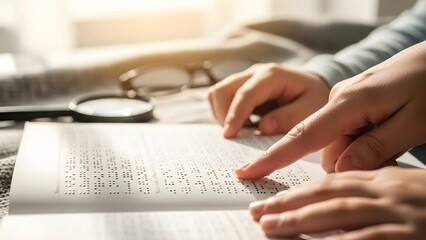 Hands reading Braille on a book, alongside a magnifying glass, and glasses in the background