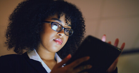 Tablet, reading and businesswoman in office at night with email for investment proposal. Digital...