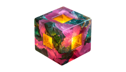 A geometrically intriguing cube composed of marbled textures, with glowing internal illumination casting vibrant colors