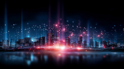 Abstract digital art depicting glowing lines and particles resembling futuristic city or network, cyber metropolis visualization, data architecture, technological landscape, neon a
