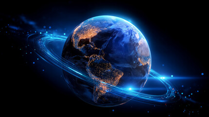 Digital globe with glowing blue ring around it on black background, Earth visualization, planetary network, global connectivity, technology and communication concept, orbital data 
