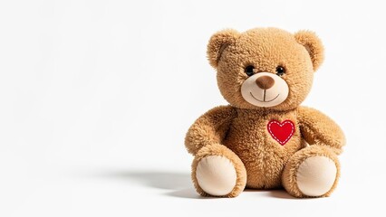 Obraz premium A warm and loving brown teddy bear featuring a bright red heart patch on its chest, sitting upright in a clean studio shot isolated on a pure white background.