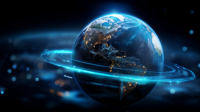 Digital globe with glowing blue ring around it on black background, Earth visualization, planetary network, global connectivity, technology and communication concept, orbital data - Powered by Adobe