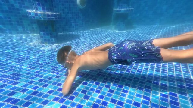 A child with glasses swims underwater over the mosaic bottom of the pool, soft highlights and deep blue tones; horizontal video.