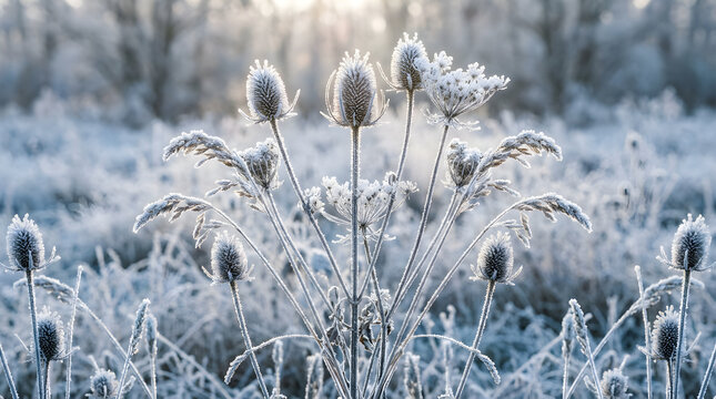 Winter morning landscape featuring frosted teasel plants and dried wild grasses with icy hoarfrost coating nature