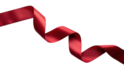 A luxurious, rich red satin ribbon elegantly flows in a wavy, diagonal composition, captured in a clean studio shot against a bright white background.