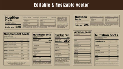 Editable Nutrition Facts, ghee packaging,nutrition facts label, supplement facts,vitamin facts template set vector Collection.