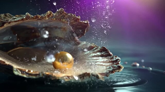 close up gold  pearl in the shell with water splash