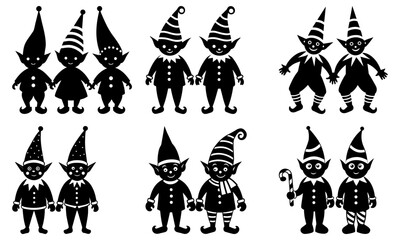 Group of elf characters with different hats on white background elves cartoon