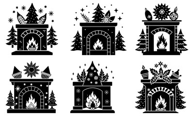 Six Black and White Fireplace Silhouettes with Christmas Decorations on White Background trees snowflakes