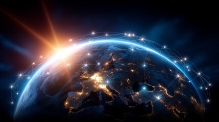 Fototapeta premium Digital rendering of Earth with glowing light representing network of global connections, planetary communication, worldwide data infrastructure, illuminated continents, internatio