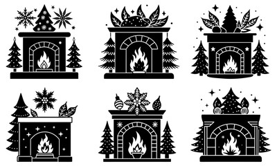 Six festive fireplace with holiday decorations on white background Christmas winter 1