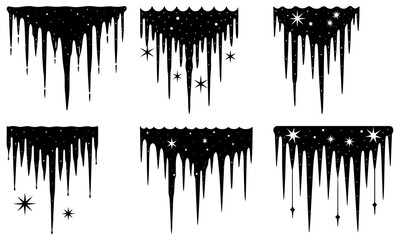 Icicles hanging from a dark cave ceiling with stars and night sky background on transparent background