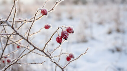 Rosehip berries covered in hoarfrost and ice crystals on a bush branch, glistening in winter cold