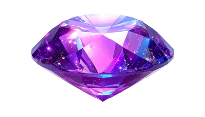 A large, multifaceted gemstone with a gradient of pink, purple, and blue hues. The gem sparkles on a black background