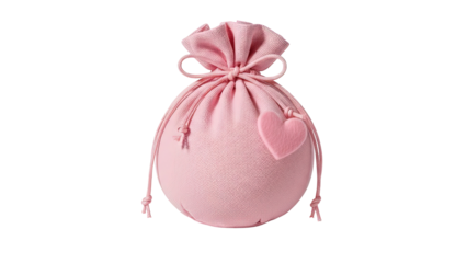This gentle, romantic soft pink drawstring pouch, featuring a cute heart charm and tied with a bow, is perfectly isolated on a white background for gift presentation.
