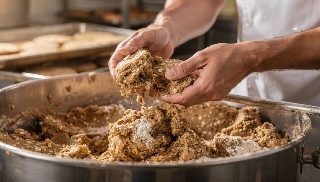 Closeup medium shot of an employee checking the consistency of oatmeal cookie dough in a rotary mixer highlighting grainy and hearty texture preparation.