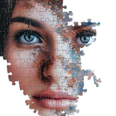 A close-up 3D image of a female face made from puzzle pieces, isolated on a white background. Illustration, concept, print.