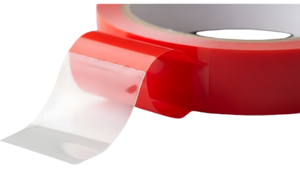 Adhesive tape in roll: A close-up shot of red adhesive tape in roll. The clear layer is peeled up to reveal its adhesive.