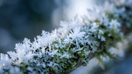 Frost crystals forming on a mossy tree branch during cold winter weather, showing intricate ice patterns