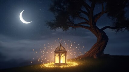 Glowing lantern under a tree with a crescent moon in the night sky scenery