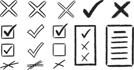 Tick and cross black signs. Gray checkmark OK and red X icons, isolated on white background. Simple marks graphic design. Circle symbols YES and NO button for vote, decision, web.