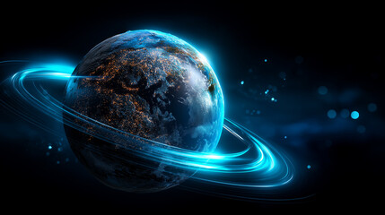 Digital globe with glowing blue ring orbiting it on black background, planetary network visualization, Earth with data halo, global connectivity, technology and communication spher