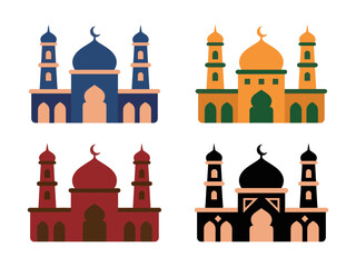 Islamic Mosque Building Collection Colorful and Black Silhouette Vectors