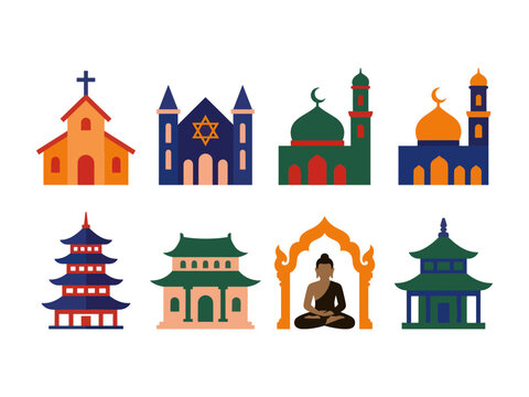 Vibrant flat icons of global religious landmarks. Includes church, synagogue, mosque, pagoda, and Buddha statues