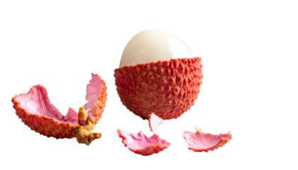 A close-up view of a lychee fruit with its outer shell partially peeled, revealing the translucent, juicy flesh. The background is solid black