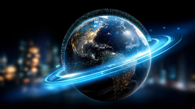 Digital globe with glowing blue ring orbiting it on black background, planetary network visualization, Earth with data halo, global connectivity, technology and communication spher - Powered by Adobe