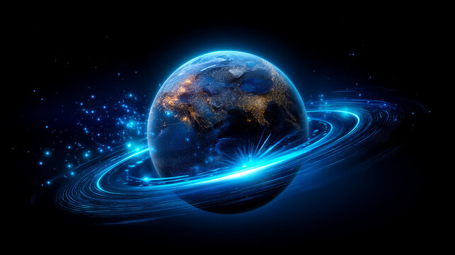 Digital globe with glowing blue ring orbiting it on black background, planetary network visualization, Earth with data halo, global connectivity, technology and communication spher - Powered by Adobe