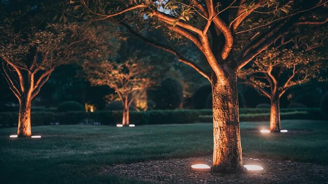 Warm garden trees ground uplights, slow dolly-in toward lush trees with soft beams illuminating trunks and foliage in a luxury backyard landscape during evening.