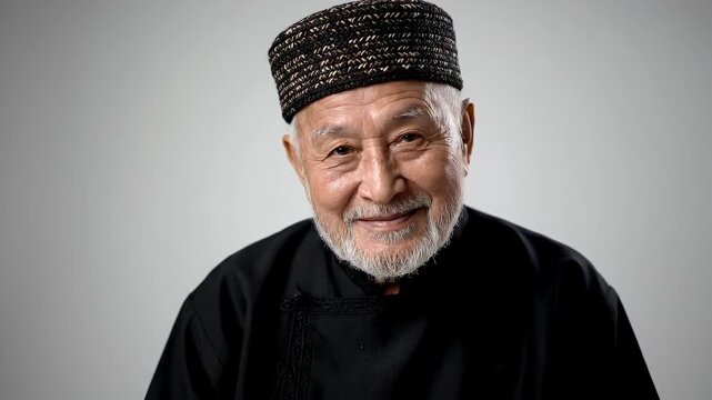Elderly Asian Man with White Beard Wearing Traditional Black Garment and Textured Cap Smiling in Studio Portrait