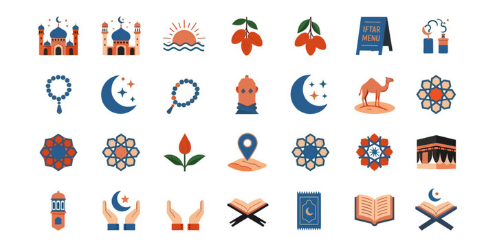 Islamic Ramadan Kareem Lifestyle Icon Set Religious and Festive Symbols