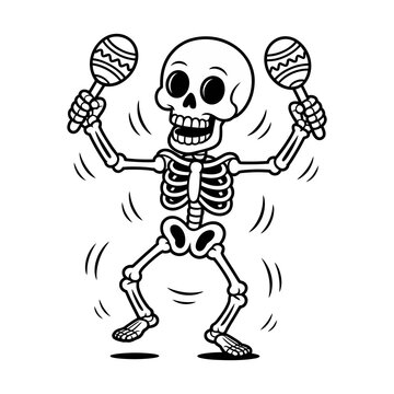 Illustration of a skeleton is dancing and holding two microphones in its hands with a joyful expression on its face isolated on transparent background