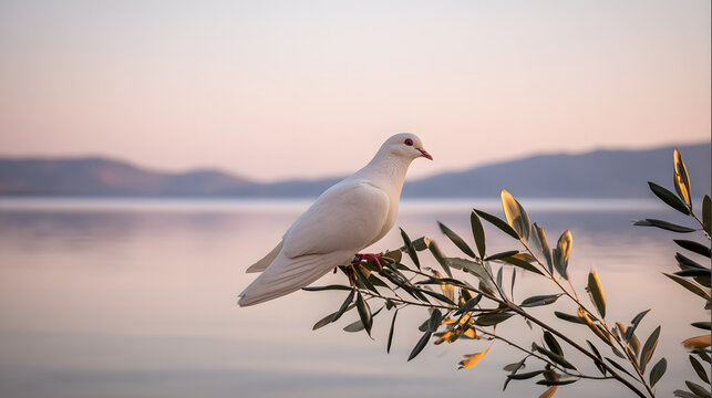 infamy. White dove perched on olive branch against calm lake at dawn. wildlife magazines, conservation campaigns, designed for wildlife conservation campaigns, used by retail merchandisers.