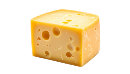 A close-up view presents a perfectly cubed slice of cheese with prominent holes. It is golden-yellow with visible texture. The background is black