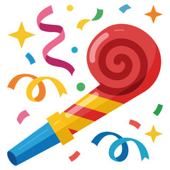 Red and Gold Party Blower Horn with Confetti Ribbons Vector