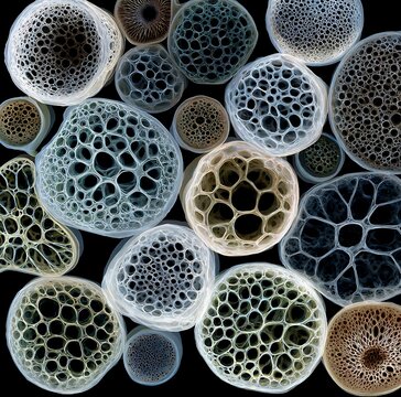 Microscopic view of diverse radiolarian skeletons in various colors