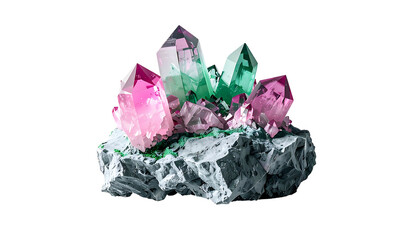 A cluster of colorful, faceted gemstones grow from a rocky, gray base against a solid black background. The crystals boast pink and green hues
