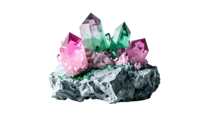 A cluster of colorful, faceted gemstones grow from a rocky, gray base against a solid black background. The crystals boast pink and green hues