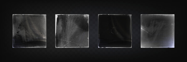 Vinyl plastic wraps with realistic wrinkles and creases on dark bg. Clear polyethylene film covers with glossy texture, scratches and distressed surface effects - mockup sleeves for CD album packaging