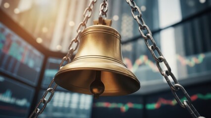 A large golden bell hanging from a chain with a stock market board in the background with graphs and charts