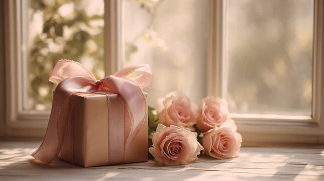 Gift Box and Pink Roses by Window with Gentle Breeze
